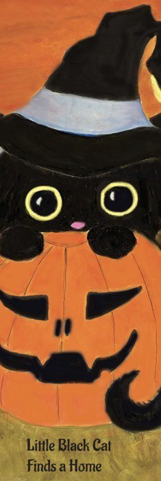 Bookmark: a black cat in a blue-banded witch hat peeks over a pumpkin. The title Little Black Cat Finds a Home runs along the bottom.