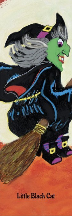 Bookmark: a green-faced witch in dark robes flies on a broomstick across a pale moon.