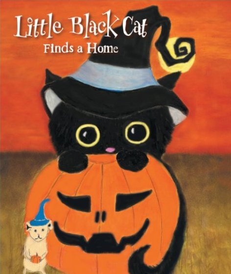 Cover of Little Black Cat Finds a Home: a black cat in a blue-banded witch's hat peeks over a jack-o'-lantern while a tiny mouse in a wizard hat stands beside it.