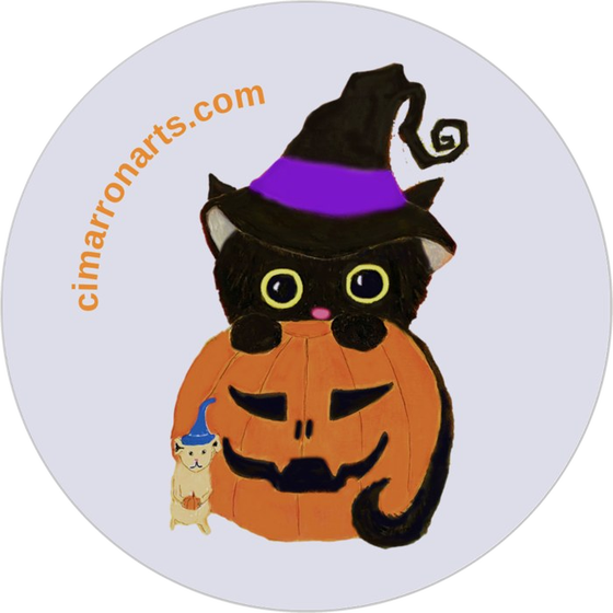 Round sticker: a black cat in a purple-banded witch hat on a pumpkin, with a small mouse in a blue hat. cimarronarts.com curves along the edge.