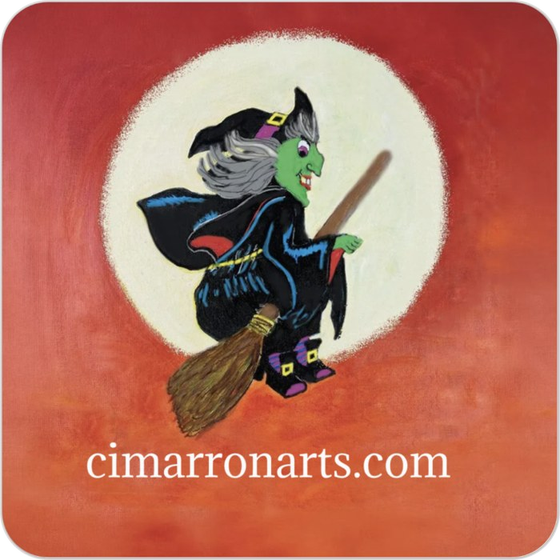 Square sticker with rounded corners: a green-faced witch flies on a broomstick across a pale moon on a red sky. cimarronarts.com runs along the bottom.