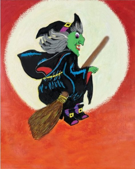 A green-faced witch in dark robes flies on a broomstick across a pale moon on an orange sky.